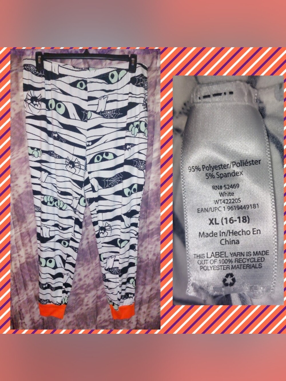 Walmart Wht/Multiclr Mummy Wrap Halloween Theme Knit Lounge/Sleep Pants XL|16/18